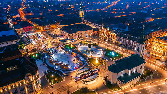 Oradea, Romania. NAerial view of Christmas Market in Union Square, Romanian travel destination in Eastern Europe.