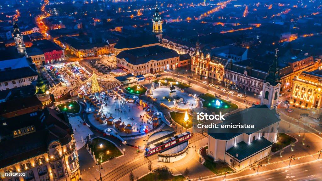 Oradea, Romania - Christmas Market aerial view, Union Square. Oradea, Romania. NAerial view of Christmas Market in Union Square, Romanian travel destination in Eastern Europe. Romania Stock Photo