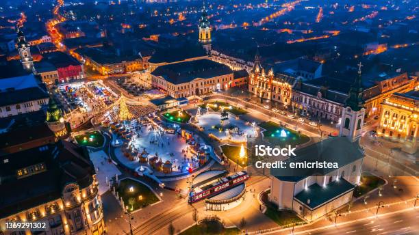 Oradea Romania Christmas Market Aerial View Union Square Stock Photo - Download Image Now