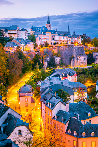 Luxembourg City, Luxembourg. Cityscape image of old town on Alzette River, skyline during beautiful sunset.