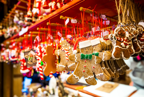 Strasbourg, France. Marche de Noel, gingerbread Santa in Strasbourg, Christmas Market in Alsace.