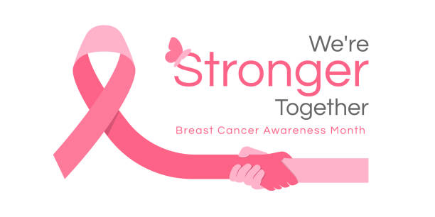 ilustrações, clipart, desenhos animados e ícones de somos mais fortes juntos, texto do mês de conscientização do câncer de mama e fita rosa com design vetorial de mão de mão - outubro rosa