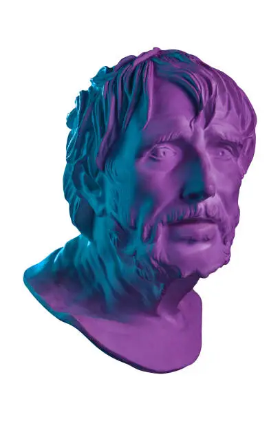 Colorful gypsum copy of ancient statue of Lucius Seneca head for artists isolated on a white background. Seneca 4 BC-65 AD Roman stoic philosopher, statesman and tutor to the future Emperor Nero. Art.