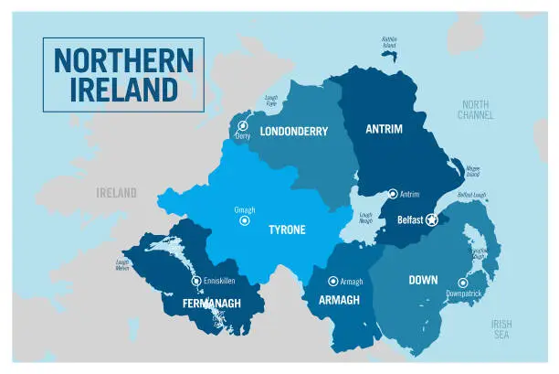 Vector illustration of Northern Ireland country political map. Detailed vector illustration with isolated provinces, departments, regions, counties, cities and states easy to ungroup.