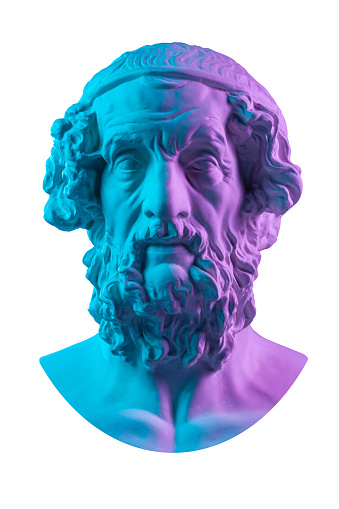 Blue pink gypsum copy of ancient statue Homer head for artists. Plaster antique sculpture of human face. Ancient greek philosopher and poet Homer is the legendary author of the poems Iliad and Odyssey