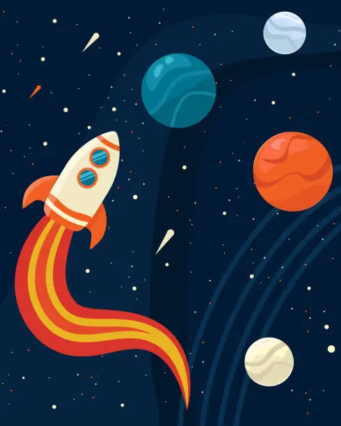 Vector illustration of Poster with a space rocket flying through the galaxy surrounded by planets, comets and stars. Background with shuttle flying in the universe