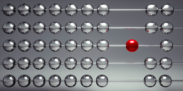 Silver and red abacus closeup with gray background, concept of finance and business - 3D illustration