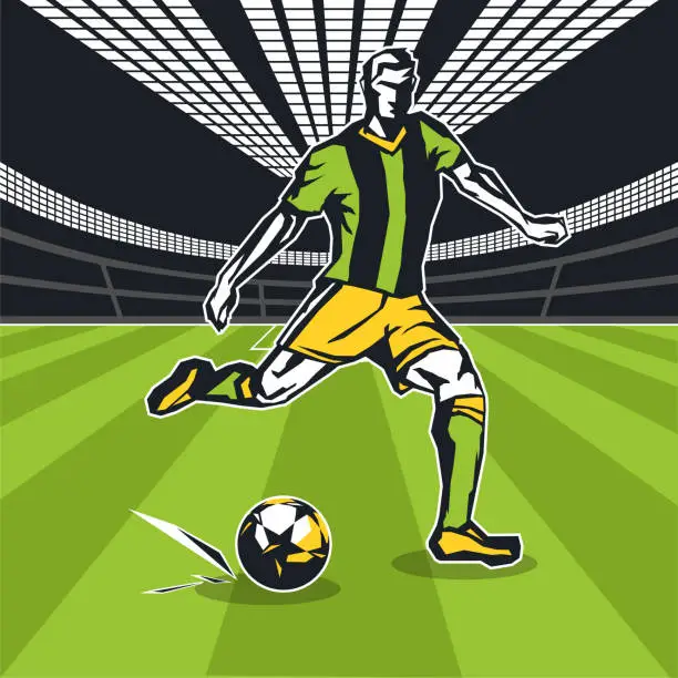 Vector illustration of Football player with the ball in motion on the football field