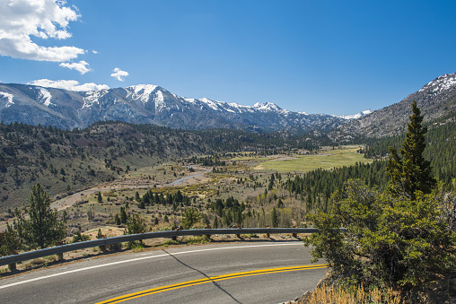 Snowy peaks of Sierra Nevada mountains on the route 167/359 from California to Nevada, USA