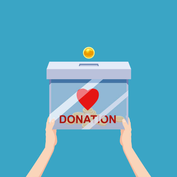 Hand hold Donation Box with hed heart, coin, money. Depositing in a transparent container with text banner donation. Vector illustration Hand hold Donation Box with hed heart, coin, money. Depositing in a transparent container with text banner donation. Vector illustration isolated cartoon style hed stock illustrations