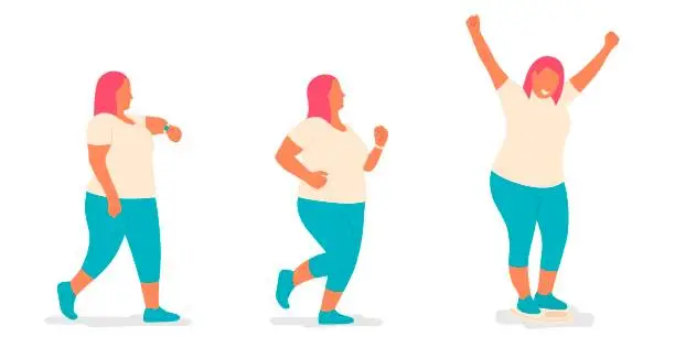 Vector illustration of Fat woman in sportswear doing fitness.