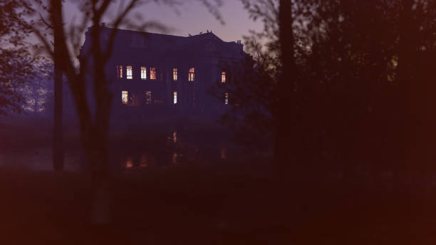 istock Creepy illuminated abandoned historic country house at dawn. 3D render. 1369299328