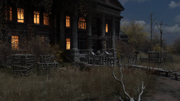 istock Illuminated windows of a spooky abandoned manor. 3D render. 1369299331