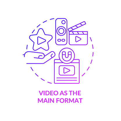 Video as main format purple gradient concept icon. Ads instrument. Content marketing trend abstract idea thin line illustration. Isolated outline drawing. Myriad Pro-Bold font used