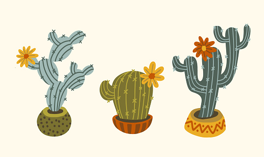 Bright cartoon set of cactuses. Mexican theme.