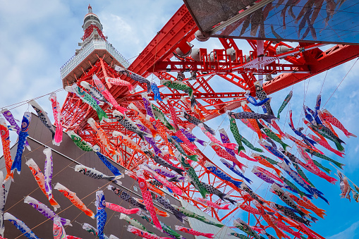 On a sunny day in May 2021, Carp streamer swimming in Tokyo Tower (Minato-ku, Tokyo)