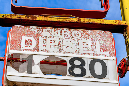 Old rusty gas station sign, euro diesel price. number 80. The photo is taken in Bulgaria on abandoned gas station with Sony A7s3 camera.