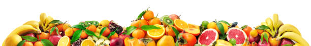 istock Panoramic photo with fresh fruits isolated on white 1369303208
