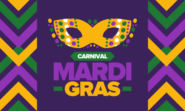 mardi gras karneval in new orleans. fetter dienstag. traditionelles volksfest mit parade und feier. jahresurlaub. kostüm maskerade, lustige party. karnevalsmaske. poster, karte, banner. vektorillustration - shrove tuesday stock-grafiken, -clipart, -cartoons und -symbole