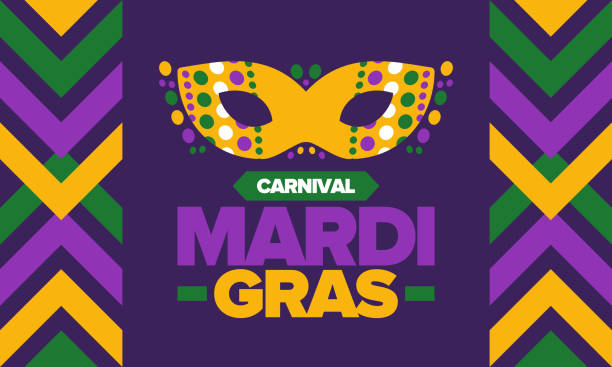 mardi gras carnival in new orleans. fat tuesday. traditional folk festival with parade and celebration. annual holiday. costume masquerade, fun party. carnival mask. poster, card, banner. vector illustration - 懺悔星期二 幅插畫檔、美工圖案、卡通及圖標