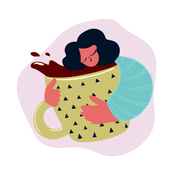 girl with coffee Portrait of a sleepy girl hugging a big cup of coffee or tea Best Coffee stock illustrations