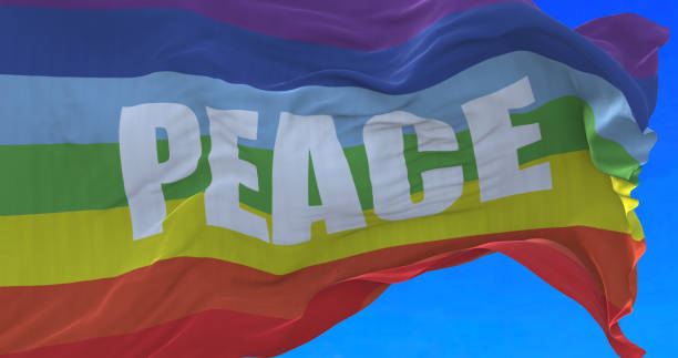 무지개 평화 깃발을 흔들며. - symbols of peace flag gay pride flag banner 뉴스 사진 이미지