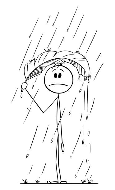 잎 아래 숨어 비에 사람, 벡터 만화 스틱 그림 일러스트 - protection umbrella people stick figure stock illustrations