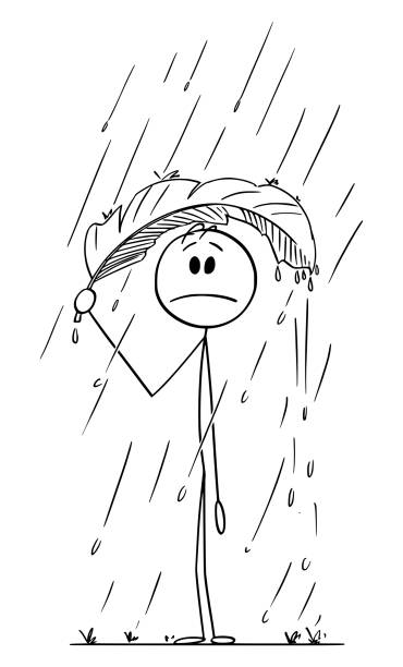 ilustrações de stock, clip art, desenhos animados e ícones de person in rain hiding under leaf, vector cartoon stick figure illustration - protection umbrella people stick figure