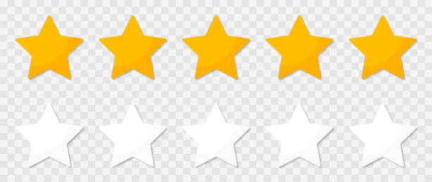 ilustrações de stock, clip art, desenhos animados e ícones de five stars isolated on transparent background. 5 gold and white stars for review, rating and rank. yellow and white flat icons with shadows. vector illustration for logos - five stars