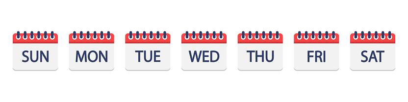 Calendar icons. Calendar with week days. Set of calender icons with  seven days week. Graphic pictogram for daily schedule, reminder, event and agenda. Vector.