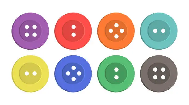 Vector illustration of Button for cloth. Plastic buttons for sew on shirt, dress and jacket. Fashion of tailor sewing. Set of buttons with hole for thread. Round colored objects for clothes. Vector