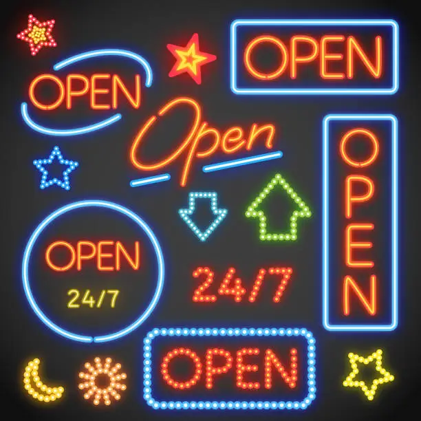 Vector illustration of Open Neon Sign Set