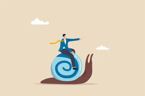 Vector illustration of Slow growth, inefficient or stupid mistake, businessman idiot leader riding slow snail never reach goal, losing business competition.