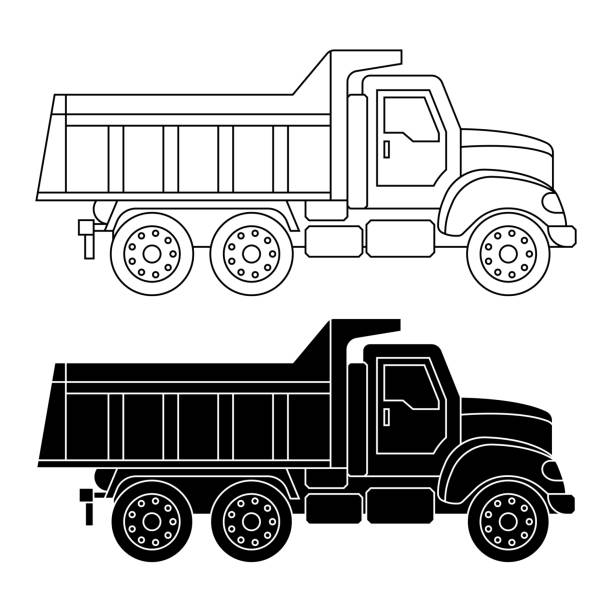 детский линейный рисунок для раскраски. тяжелая строительная техника груз�овик, мусоровоз в линейном режиме. промышленные машины и оборудо� - garbage truck truck engine isolated on white stock illustrations
