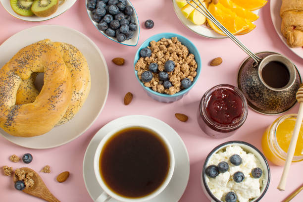 istock Healthy breakfast on a pink background 1369317061