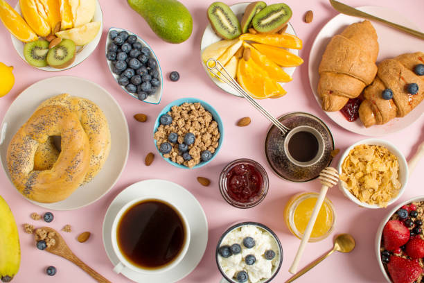 istock Healthy breakfast on a pink background 1369317083