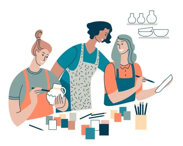 Vector illustration of Art class for adults. Women together with the teacher paint ceramic pots with their hands. They have an interesting lesson together.
