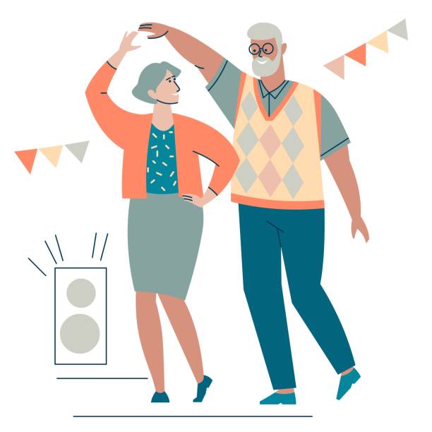 Elderly people dance. Grandparents are happy and spend time actively. Dance lesson for seniors. Party for retirees. The concept of pension activity. Elderly people dance. Grandparents are happy and spend time actively. Dance lesson for seniors. Party for retirees. The concept of pension activity. Flat design isolated on white background. Vector. old people dancing stock illustrations
