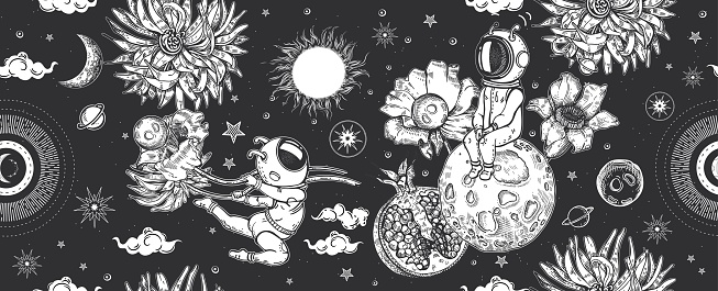 An astronaut is sitting on a small planet. The astronaut flies with a bunch of planets. Sun and flowers. Seamless pattern. Space illustration. Surrealism.