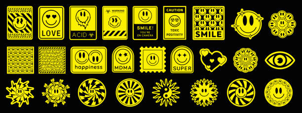 ilustrações de stock, clip art, desenhos animados e ícones de collection of trendy smile stickers. set of cool acid style badges. rave graphics. emoticon patches. - ecstasy