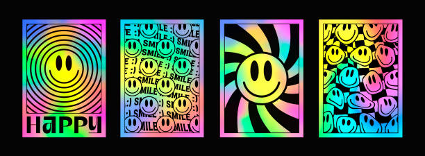 set von trendigen abstrakten acid style postern. cool smile psychedelische plakate. regenbogen trippy kunst. - säure stock-grafiken, -clipart, -cartoons und -symbole