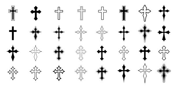 Set of Christian Cross Vector Icons. Religious Jesus Symbol. Set of Christian Cross Vector Icons. Religious Jesus Symbol. cross tattoo stock illustrations