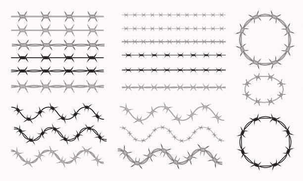 zestaw pędzli z drutu kolczastego vector design. element logo barbwire circle. fajna grafika kwasowa. - barbed wire wire war prison stock illustrations