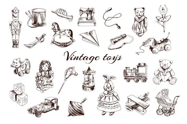 Vector illustration of A set of hand-drawn vintage toys. Outline vintage vector illustration.   Vintage sketch element for labels, packaging and cards design.