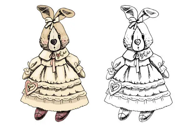 Vector illustration of A hand-drawn ink sketch of a a plush vintage rabbit in a dres. Vintage vector illustration.   Vintage sketch element for labels, packaging and cards design.