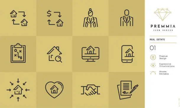 Vector illustration of PREMMIA - Real Estate Vector Icons With Stroke Editable