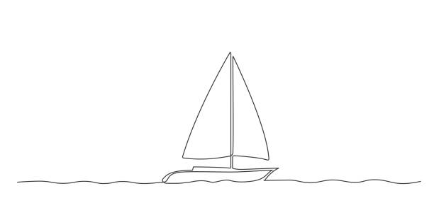 непрерывная линия рисования парусника на воде - sea water single object sailboat stock illustrations