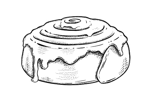 Vector illustration of Cinnamon Roll. Vintage style drawing isolated on white background.