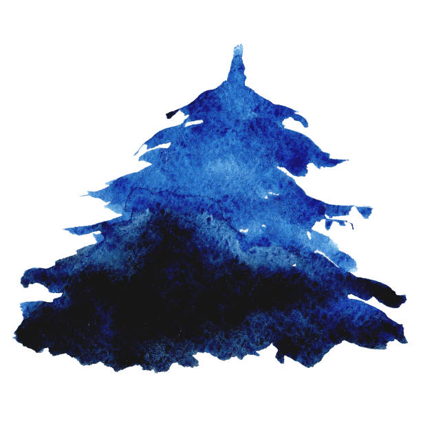 istock Lush blue spruce tree. Watercolor of firetree silhouette isolated on white background. Hand drawing abstract illustration spruce. 1369323230