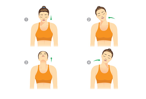 Woman doing Neck Rolls to stretch neck muscle before a workout. Illustration about warmup.